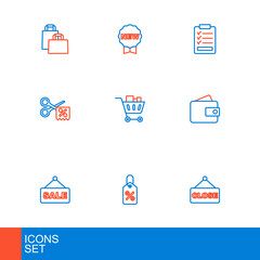Set line Hanging sign with text Closed, Discount percent tag, Sale, Wallet, Scissors cuts discount coupon, Shopping cart and food, Clipboard checklist and Price New icon. Vector