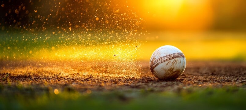Dynamic Action Scene of a Leather Cricket Ball Kicking Up Dust from the Pitch During Match Play