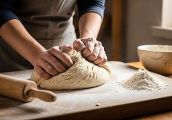 Hands Kneading Dough on Wooden Board - Baking Preparation.