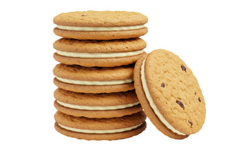 Stack of oatmeal raisin sandwich cookies isolated, delicious dessert with creamy filling on a plain backdrop