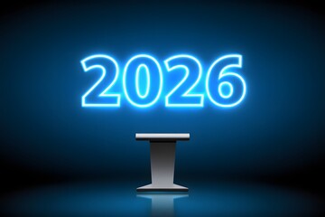 Futuristic glowing 2026 sign with podium on dark background