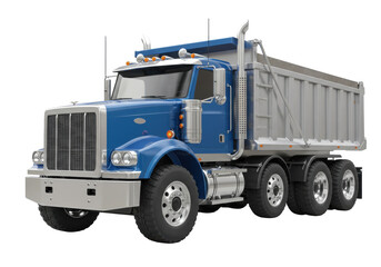 Blue dump truck isolated on transparent background, heavy construction vehicle for hauling materials and industrial transport