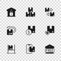 Set Document tracking marker, Delivery security with shield, Free storage, Carton cardboard box, Cardboard traffic symbol, Closed warehouse, and Return icon. Vector