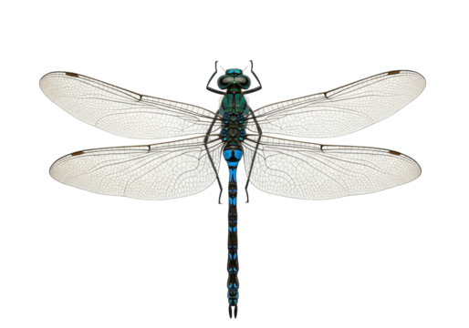 Vibrant blue and green dragonfly isolated on transparent background, detailed insect with delicate wings for nature designs and educational use PNG
