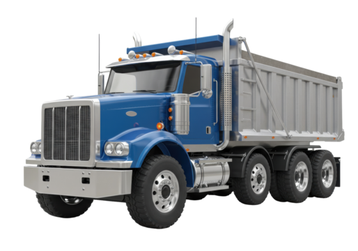 Blue dump truck isolated on transparent background, heavy construction vehicle for hauling materials and industrial transport