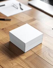 Square White Box on Parquet Floor, Modern Workspace with Box Mockup, Clean Desk Scene with White Box Object