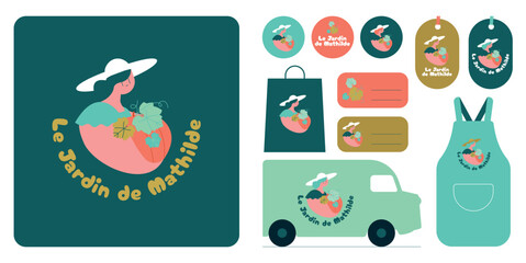 Branding and Color vector farm logo with woman holding a pumpkin