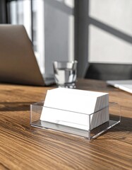 Clean Workspace: Business Cards in Clear Holder on Wooden Desk, Minimalist Office Desk with Business Cards in Acrylic Holder