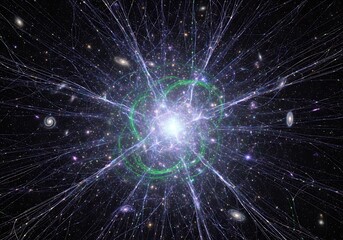 Fototapeta premium Complex cosmic nexus reveals an interconnected astral network within distant universes filled with light