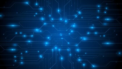 An abstract futuristic technology grid with glowing blue lines and circuit patterns on a dark background. This digital concept represents data connection, computer motherboards, cybersecurity, and the