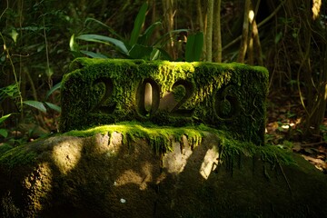 Mosscovered stone structure in dense forest setting