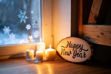 Happy new year candles and sign by snowy window
