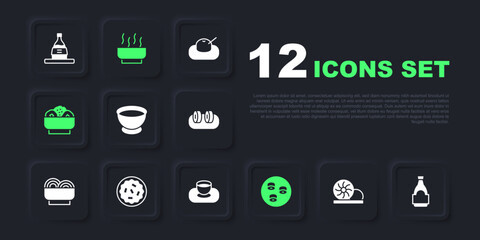 Set Xiao long bao, Soy sauce bottle, in bowl, Sushi, Chow mein plate, Homemade pie, Ramen soup and icon. Vector