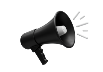 Black megaphone PNG isolated on transparent background, bullhorn loudspeaker for announcement and communication