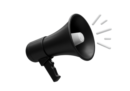 Black megaphone PNG isolated on transparent background, bullhorn loudspeaker for announcement and communication - Powered by Adobe