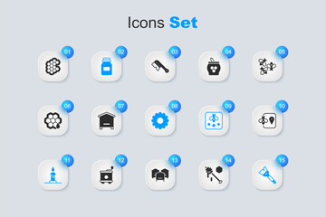 Set Honey dipper stick, Hive for bees, Jar of honey, Burning candle, Beekeeping brush, location, Honeycomb and Flower icon. Vector