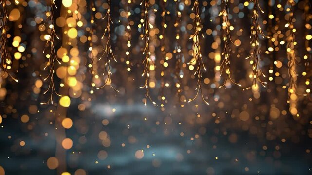 Magical festive string lights hanging among forest trees, glowing softly with sparkles. A dreamy scene filled with warmth, wonder, and celebration.