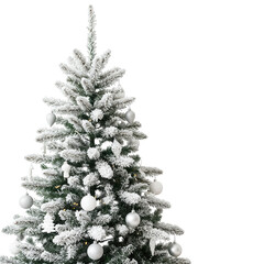 Fototapeta premium A flocked christmas tree decorated with silver ornaments and lights isolated on transparent background