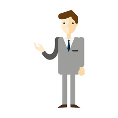 Pixel Art Businessman In Gray Suit With Blue Tie Presenting An Idea With Left Hand Outstretched On White Background