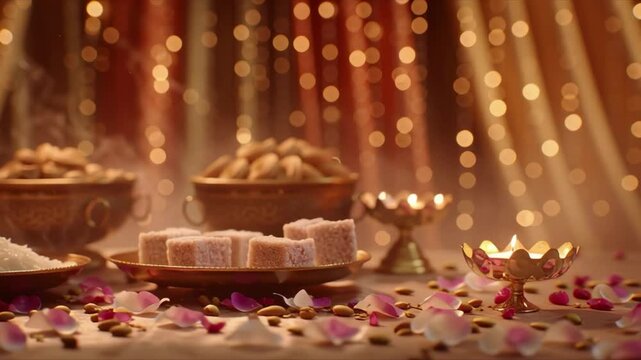 An elegant display of Indian sweets on a decorative platter illuminated by soft golden lights. A delightful scene capturing the essence of celebration and indulgence.