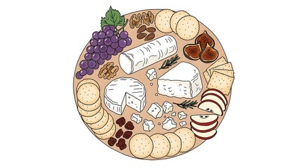 Elegant Cheese Board Illustration with Grapes and Nuts.