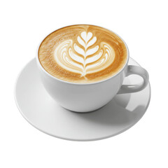 A beautifully crafted latte with intricate foam art in a white cup isolated on transparent background