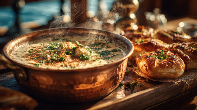 Delicious seafood chowder with crusty bread.