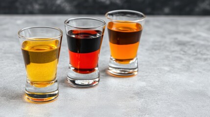 Variety of Layered Shot Drinks on Grey Concrete Background, Close-Up of Alcoholic Beverages in Shot Glasses