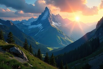 Obraz premium Sunlit Mountain Vista Dramatic Peaks and Lush Valley ? Inspiring Hiking Scenery Perfect for Adventure Travel and Nature Projects