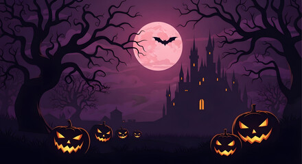 Spooky halloween night with carved pumpkins haunted castle and a full moon with a bat flying