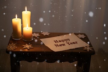 Happy new year candles and card on wooden table