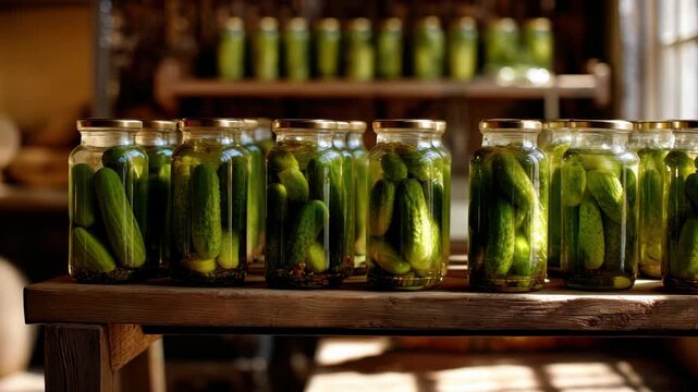 Rows of Pickled Cucumbers in Glass Jars Preserved on a Wooden Shelf Indoors With Natural Sunlight Streaming Through a Window Highlighting the Vibrant Green Vegetables and Brine Creating a Rustic