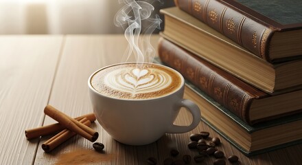 Cozy Coffee Break - Latte Art, Books, and Cinnamon.