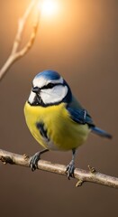 Vibrant Blue Tit Perched on a Branch in Natural Sunlight.