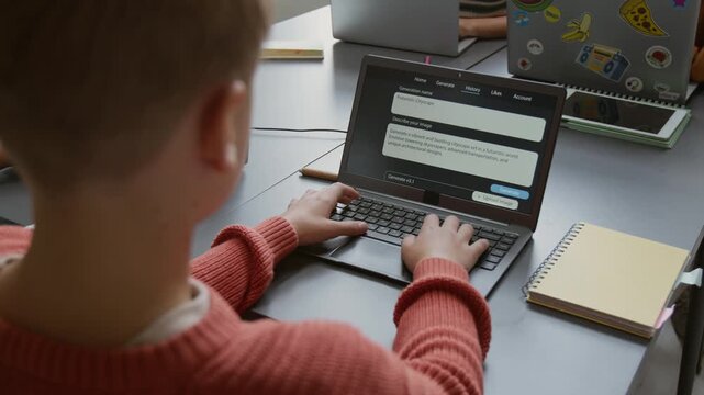 Over-shoulder shot of busy young Caucasian schoolboy in red jumper writing prompt for artificial intelligence image generator software at computer education lesson, typing on laptop keyboard