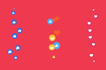 Animated social media reaction emojis (likes, hearts, laughs) floating upwards on a red background. Perfect for modern communication, digital marketing, and engagement videos. 4k 8k HD 3D animation - Powered by Adobe
