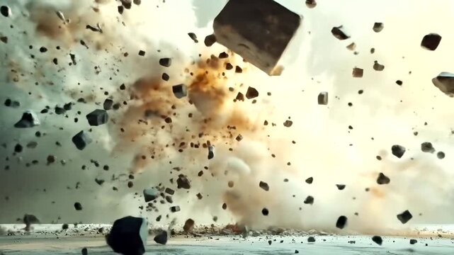Debris and smoke erupt from a violent explosion with glowing hot material.