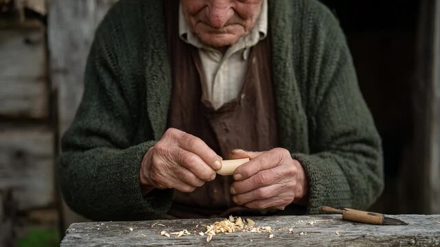 An elderly craftsman skillfully carving wood, showcasing the intricate details of his work, while reflecting a lifetime of mastery and dedication to the art of craftsmanship.