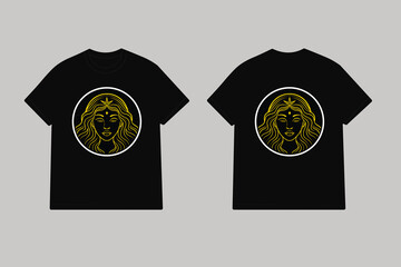 Elegant goddess face linocut on black t shirt yellow