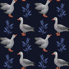 A seamless pattern in a calm watercolor technique. Gray geese with orange beaks and legs are harmoniously placed on a dark blue background. Decorative  twigs with leaves 