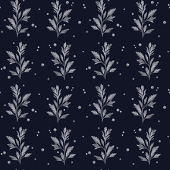 The image shows a sophisticated seamless pattern of gray watercolor branches on a dark blue background. The soft leaves are made with delicate tonal transitions, which creates an effect of depth and t