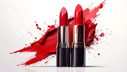 Two lipstick tubes with red and pink hues, splattered paint effect