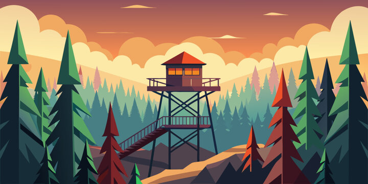 Forest fire watchtower in mountainous area during sunset  