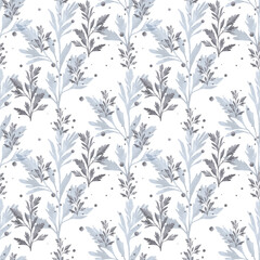 The image shows a sophisticated seamless pattern of gray watercolor branches on a white background. The soft leaves are made with delicate tonal transitions, which creates an effect of depth and tranq
