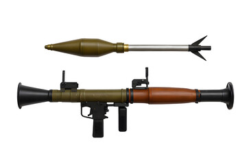 Flat-Lay Disassembled RPG Launcher and Warhead – Transparent PNG