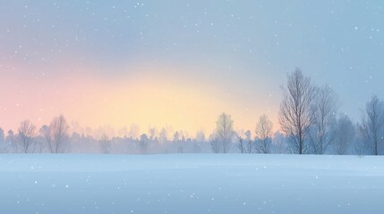 Minimal winter landscape with soft pastel sunrise over snowy hills, clean background with copy space