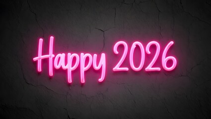 Happy 2026 neon sign with pink glow on dark wall