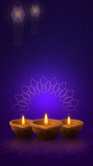 Decorative Diwali Lantern Outline with Glowing Diyas and Rangoli