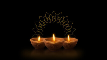 Diwali Diyas with Rangoli Outline on Dark Background