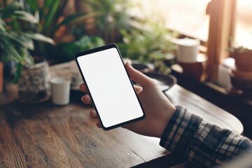 Holding a smartphone with a blank screen in a cozy, plant-filled indoor space